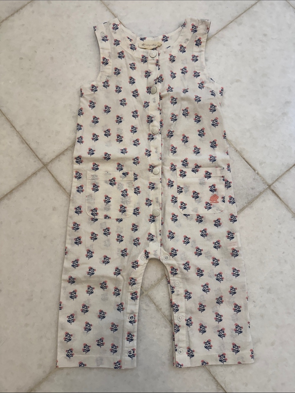 babycottons Cream Sleeveless Floral Pocket Romper with Blue & Pink Print, 12M